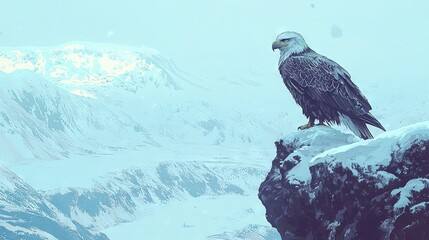 Fototapeta premium A snow-covered bird atop a high mountain, overlooking a winter valley with surrounding peaks