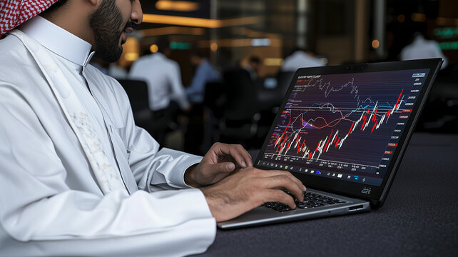 Saudi man working on laptop and watching stock market
