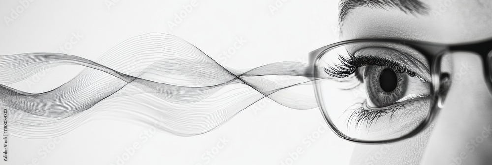 Aufkleber close view of a human eye with glasses showcasing intricate details and expressions in a soft black 