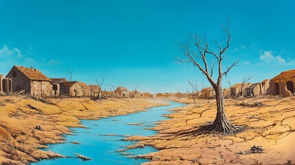 Desolate Village Scene with Dried Creek Bed
