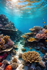 Naklejka premium vibrant coral reefs displaying spectacular array colorful underwater life diverse marine ecosystems, fish, seaweed, ocean, aquatic, habitat, structure