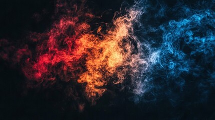 Fototapeta premium A group of multi-colored smokestacks on a dark background, with red, yellow, and blue trails rising from the center