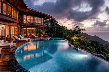 Obraz premium a luxurious tropical villa with a curved infinity pool overlooking lush greenery and a stunning ocean view at sunset, surrounded by elegant lounge chairs and warm ambient lighting for a serene holiday
