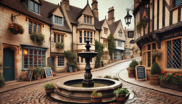 Picturesque lacock village in england with charming stone houses and a central fountain