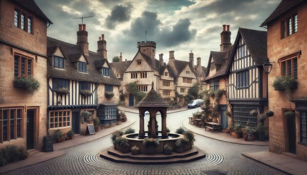 Picturesque lacock village in england with its historic stone houses and central water fountain
