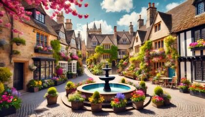Fototapeta premium Picturesque broadway village in cotswolds blooming with colorful flowers during springtime