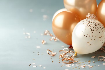 Obraz premium Celebration decorations with gold and white balloons and confetti on a blue background ready for a festive event