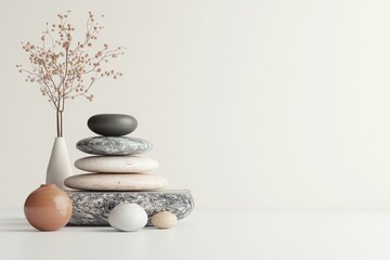Modern arrangement of pebbles and vases on a minimalist table in a calm interior setting