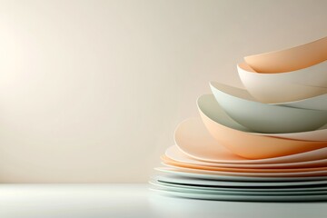 Stacked plates in soft pastel colors on a minimalistic surface creating an elegant and modern aesthetic
