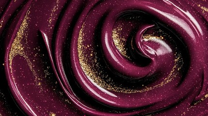   A high-resolution magnification of a vibrant lavender fluid containing golden specks and a vortex at its core