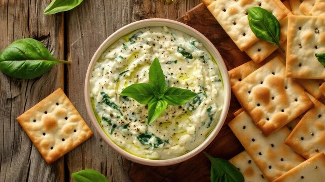 Crackers with Parmesan Cheese Spinach Dip on a wooden Table