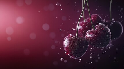 Fototapeta premium Cherries hang in clusters from a tree's branches, glistening with droplets of water
