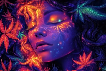 Colorful illustration of woman with closed eyes. Face, hair adorned with glowing leaves in vibrant colors. Leaves seem to blend with features creating psychedelic effect. Dreamlike forest setting.
