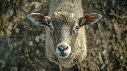 Fototapeta premium A close-up of a sheep's face, directly facing the camera, with a slightly blurred background