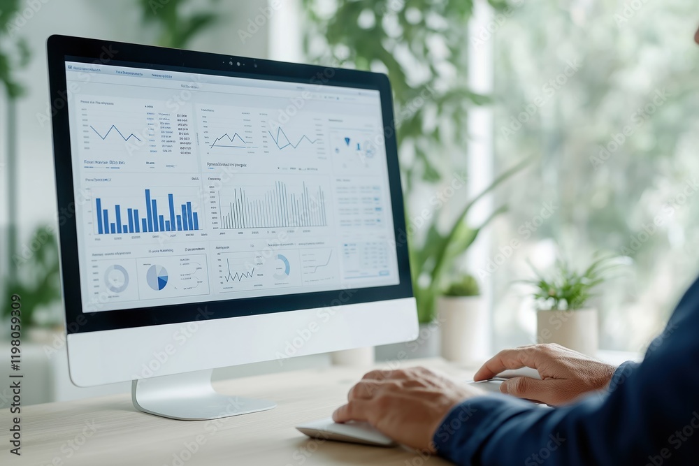 Poster man works on computer with data analysis dashboard. businessman in office. using computer monitor wi