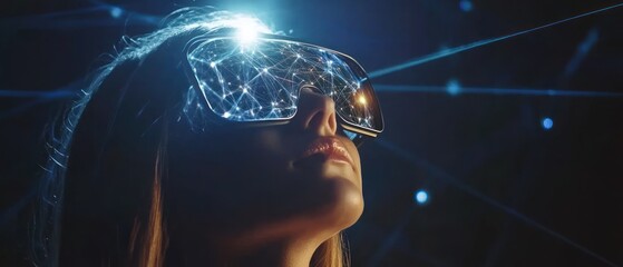 Woman wearing VR headset, experiencing immersive digital world.
