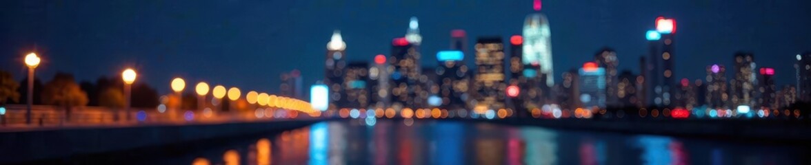 Night cityscape, blurred lights, bokeh effect, transportation, city lights