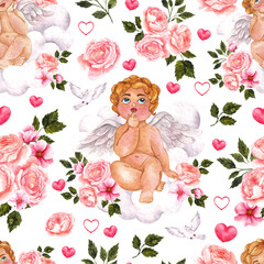 Seamless pattern with watercolor hand draw Cupid, baby angels, hearts, colored rose and floral bouquet, isolated on white background