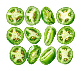 Sliced green bell peppers food preparation culinary studio close-up fresh ingredients for healthy cooking isolated on transparent background png