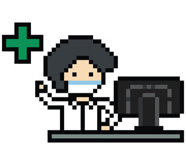 Obraz premium Cute pixel cartoon 8bit character man doctor or scientist game care for decoration pharmacist male doctor uniform in hospital 8 bit male pixel art game 8bit png vector.