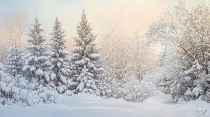 Fototapeta premium Winter Wonderland: Snow-Covered Trees in a Serene Forest
