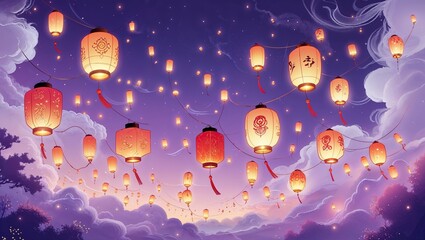 Colorful floating lanterns in the night sky for festive celebration 