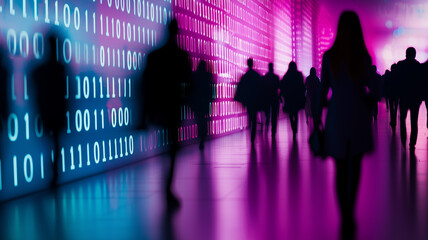 Silhouettes of people walking in a digital tunnel with binary code and glowing pink and blue light, symbolizing technology and connectivity.
