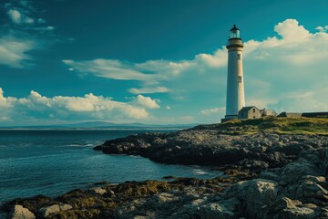 Coastal landscape with a lighthouse standing tall against a stunning blue sky