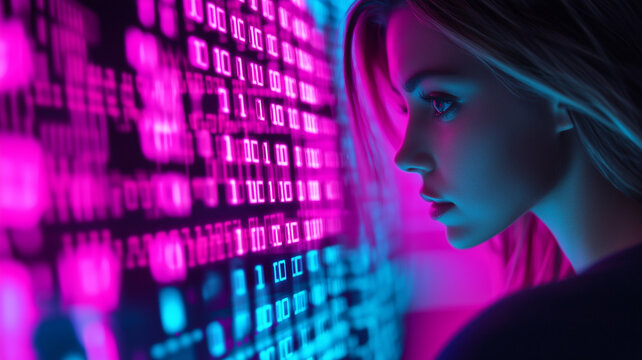 A silhouette of a woman in profile gazing at a glowing pink and blue digital screen with binary code, symbolizing technology and data.
