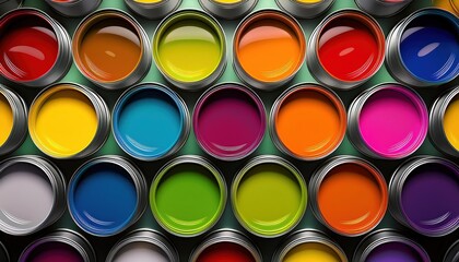 Vibrant Multi Color Paint Cans Arrangement on a Minimal Background, Showcasing a Variety of Intense Hues and Textures