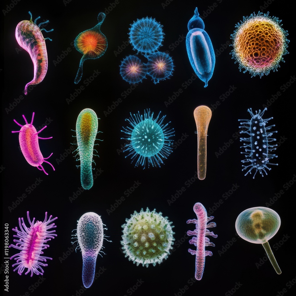 Leinwandbilder evolving bacteria exhibit diverse shapes and colors showcasing microbial life in a laboratory settin