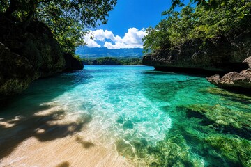 Fototapeta premium a secluded tropical paradise with crystal-clear turquoise water, golden sandy beach, rocky cliffs, lush greenery, and vibrant blue skies, perfect for a tranquil holiday escape