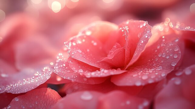 Close-up view of pink roses with dew drops glistening in morning light in a serene garden setting