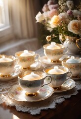 Fototapeta premium close shots delicate teacups steaming brews capturing warmth elegance, liquid, porcelain, ceramic, beverage, color, design, decoration, drinkware, floral