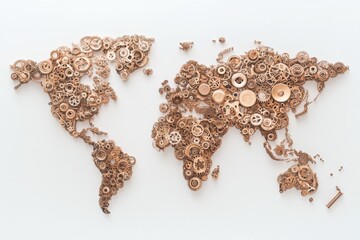 Intricate world map crafted from antique brass gears showcases the beauty of global connectivity and craftsmanship through a unique three dimensional design, reflecting a steampunk aesthetic