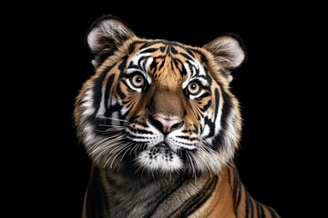 Obraz premium Close-up view of a tiger's head showcasing its fierce expression and striking features
