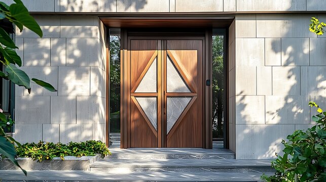 A front door with an angular design featuring triangular glass insets 