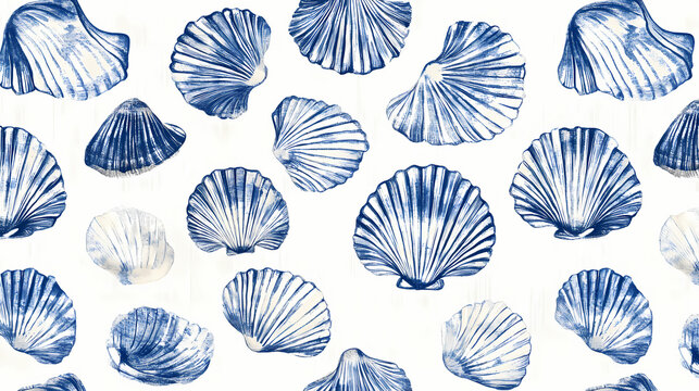 Azure blue white shell motif with linen seamless batik background, modern coastal beach cottage rustic shell block print home decor pattern design in sealife beach style. Seashell. Illustration