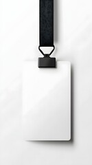 Blank White Identification Badge Hanging On Black Lanyard