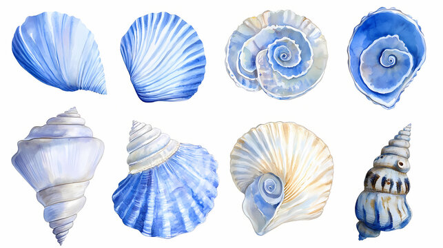 Blue seashells watercolor illustration. Seashell. Illustration