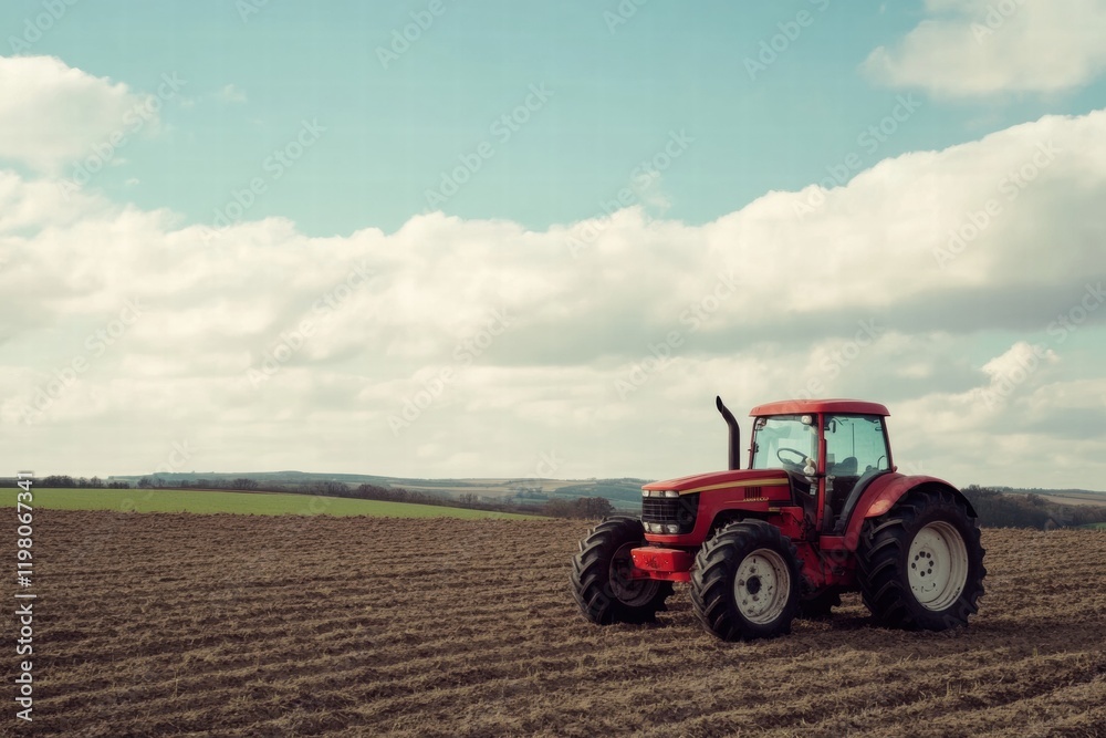 Poster red tractor working on a plowed field under a cloudy sky in a rural landscape. generative ai