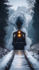 Steam train travels through snowy forest. Classic locomotive produces thick smoke. Winter landscape shows snow, trees. Journey through nature evokes nostalgia, adventure. Historic train track winds
