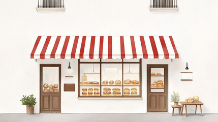 Charming bakery shop exterior. Fresh bread, pastries are displayed in window. Red, white striped awning protects entrance. Small plant sits outside door. Sunlight illuminates scene. It is daytime.