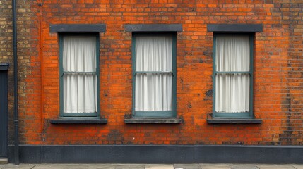 Fototapeta premium Vibrant red brick wall featuring three windows with white curtains, showcasing urban architecture