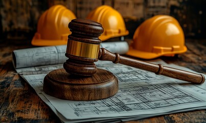 Wooden Gavel on Construction Blueprints with Hard Hats