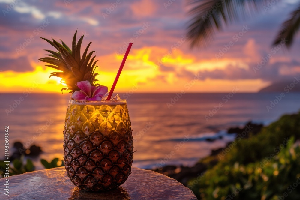 Aufkleber enjoying a tropical drink served in a pineapple against a stunning sunset by the ocean with palm tre