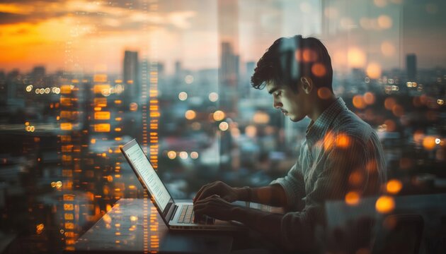 Double Exposure: Businessman Working On Laptop Computer In The City - A Tale Of Software Development, Coding Internet Apps, And Iot.
