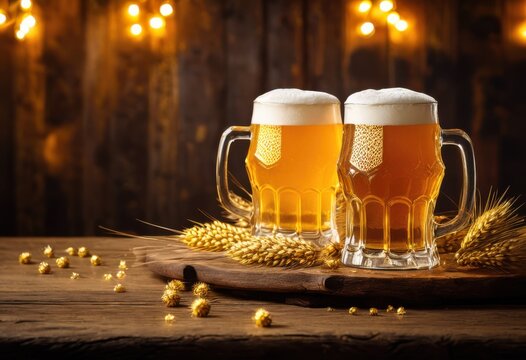 charming display frothy beer glasses arranged rustic wood tabletop capturing vibrant lively atmosphere, wooden, bar, craft, drink, beverage, bubbles, pub