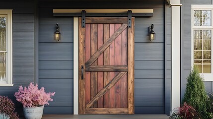 A front door with a rustic barn-style sliding mechanism 
