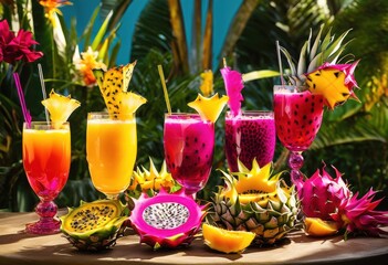 colorful glassware displaying vibrant summer drink concoctions featuring exotic fruits refreshing garnishes, beverage, cocktail, refreshment, tropical